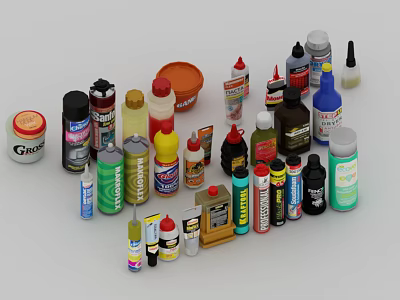 Different Types of Household Cleaning Products in Various Bottles and Containers 3d model