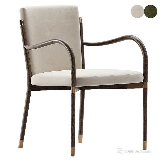 Elegant Single Chair With Beige Upholstery Dark Wood Frame And Brass Decorative Details 3d model 