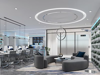 Modern Public Office Space with Desks Chairs Sofa Green Wall And Circular Ceiling Light 3d model
