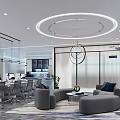 Modern Public Office Space with Desks Chairs Sofa Green Wall And Circular Ceiling Light