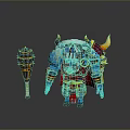 Blue Skinned White Haired Ox Like Game Character With Red Gold Armor And Hammer Weapon