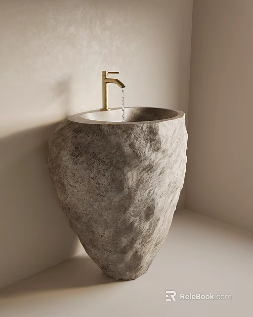 Natural Stone Wash Basin With Golden Faucet In Minimalist Bathroom Design 3d model 