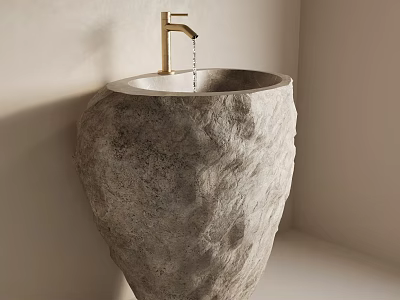 Natural Stone Wash Basin With Golden Faucet In Minimalist Bathroom Design 3d model