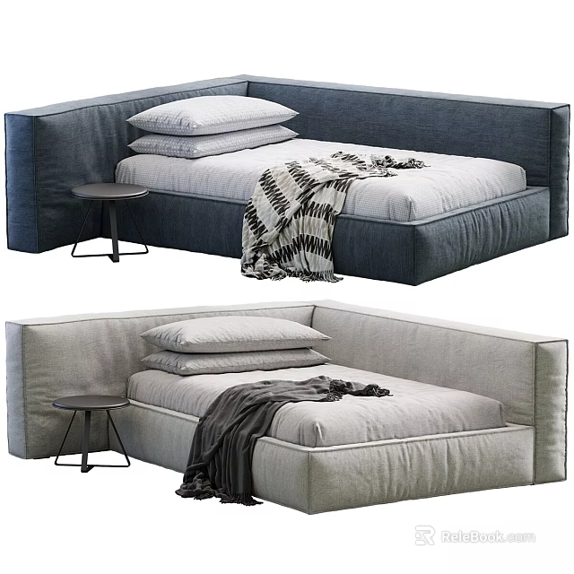 Dark Blue And Light Gray Kids Bed With Pillows Blanket And Side Table 3d model 