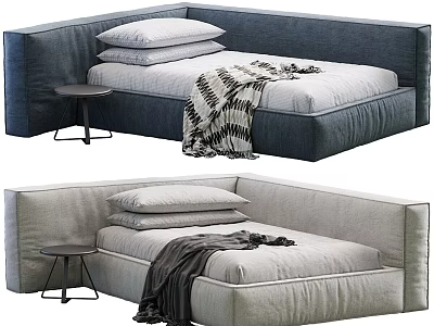 Dark Blue And Light Gray Kids Bed With Pillows Blanket And Side Table 3d model