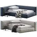 Dark Blue And Light Gray Kids Bed With Pillows Blanket And Side Table