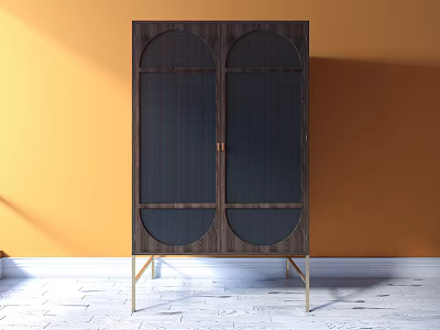 Modern Dark Wood Wardrobe With Rattan Panel Doors And Gold Metal Legs 3d model