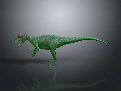 Green and Red Striped Dinosaur 3D Model Standing with Shiny Reflective Surface 3d model