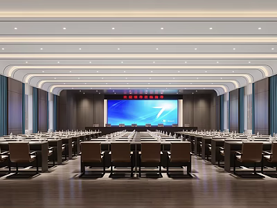 Large Formal Conference Room With Neatly Arranged Tables Chairs Front Projection Screen 3d model
