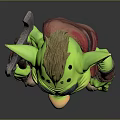 Green Goblin Character With Mohawk Hairstyle Pointed Ears Brown Scarf Belt Blue Shorts And Hammer