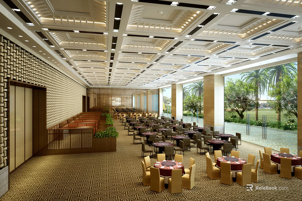 Elegant Modern Banquet Hall Interior With Dining Tables Chairs Ceiling Lights Large Windows And Greenery 3d model 