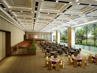 Elegant Modern Banquet Hall Interior With Dining Tables Chairs Ceiling Lights Large Windows And Greenery 3d model