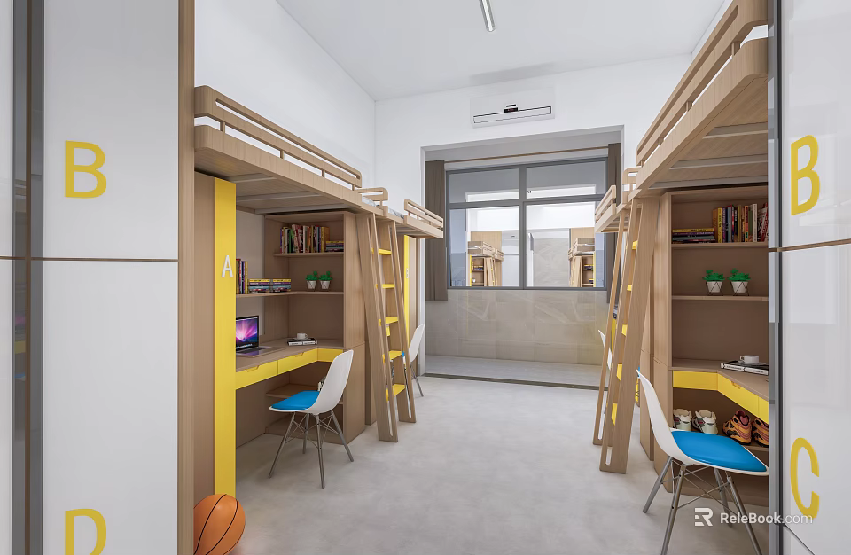 School Dormitory Interior Design With Bunk Beds Desks Chairs And Bookshelves 3d model 