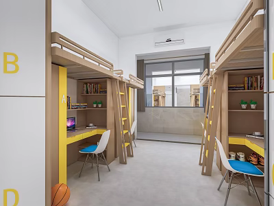 School Dormitory Interior Design With Bunk Beds Desks Chairs And Bookshelves 3d model
