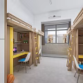 School Dormitory Interior Design With Bunk Beds Desks Chairs And Bookshelves
