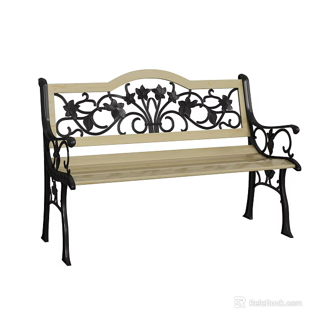 Elegant Outdoor Bench With Wooden Seat And Decorative Iron Frame Design 3d model 