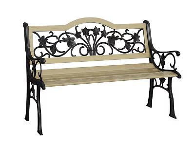 Elegant Outdoor Bench With Wooden Seat And Decorative Iron Frame Design 3d model