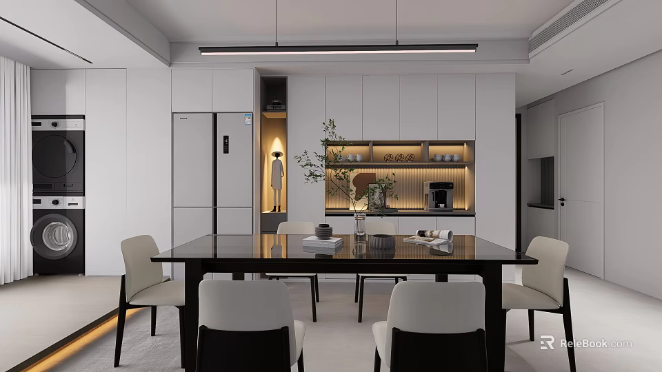 Modern Restaurant Interior Design With Black Dining Table White Chairs And Decorative Plants 3d model 