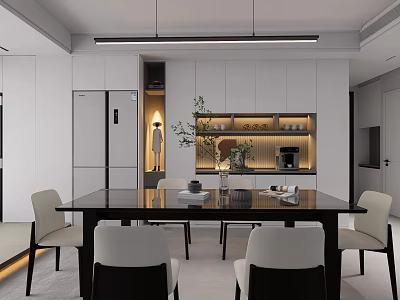 Modern Restaurant Interior Design With Black Dining Table White Chairs And Decorative Plants 3d model