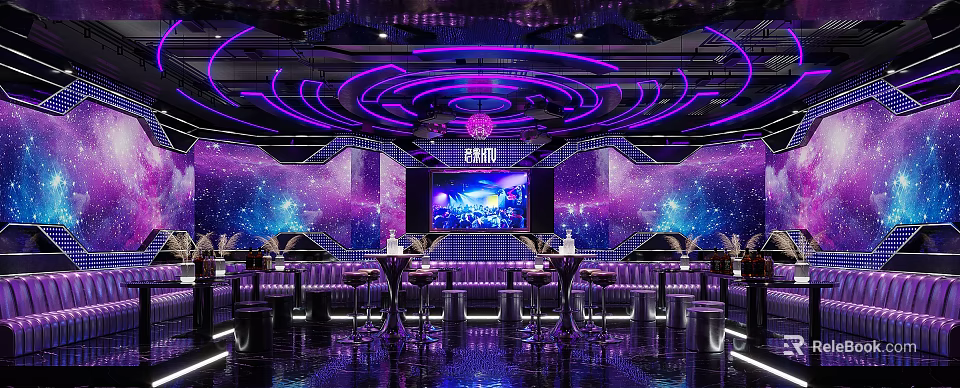 Modern KTV Lounge Interior With Neon Lighting Starry Background Large Screen And Comfortable Sofas 3d model 
