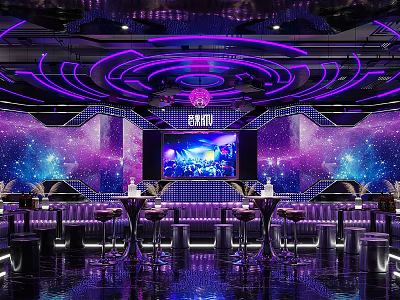 Modern KTV Lounge Interior With Neon Lighting Starry Background Large Screen And Comfortable Sofas 3d model