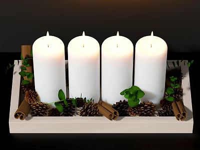 Lit White Candle Lamp in Wooden Tray with Pine Cones Cinnamon Sticks and Green Plants 3d model