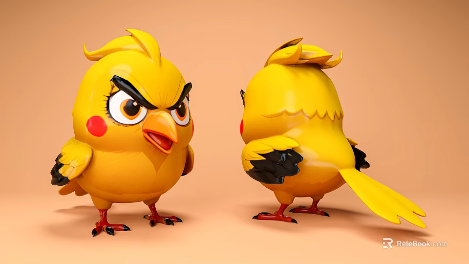 Yellow Cartoon Bird 3D Model With Front Back Views Angry Expression Red Cheeks 3d model