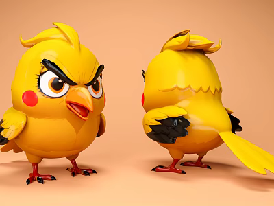 Yellow Cartoon Bird 3D Model With Front Back Views Angry Expression Red Cheeks 3d model
