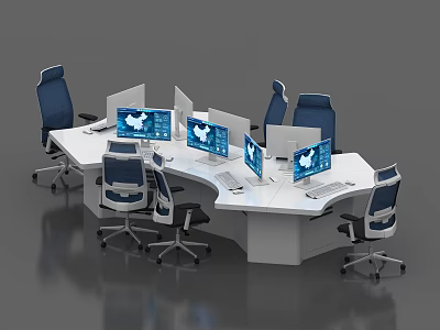 Monitoring Room Interior With Curved Workstation Multiple Monitors And Blue Office Chairs 3d model