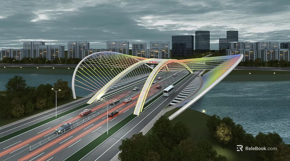 Birds Eye View Planning With Modern Bridge Urban Road River and City Buildings 3d model 