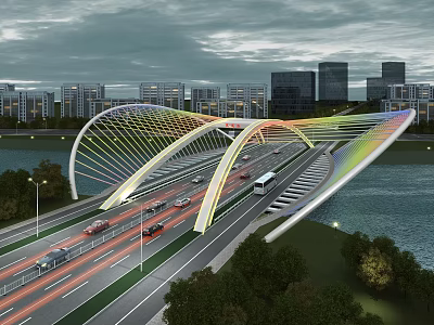 Birds Eye View Planning With Modern Bridge Urban Road River and City Buildings 3d model
