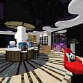 KTV Modern Interior With Colorful Lighting Curved Ceiling Sofa Seating And Bar Counter