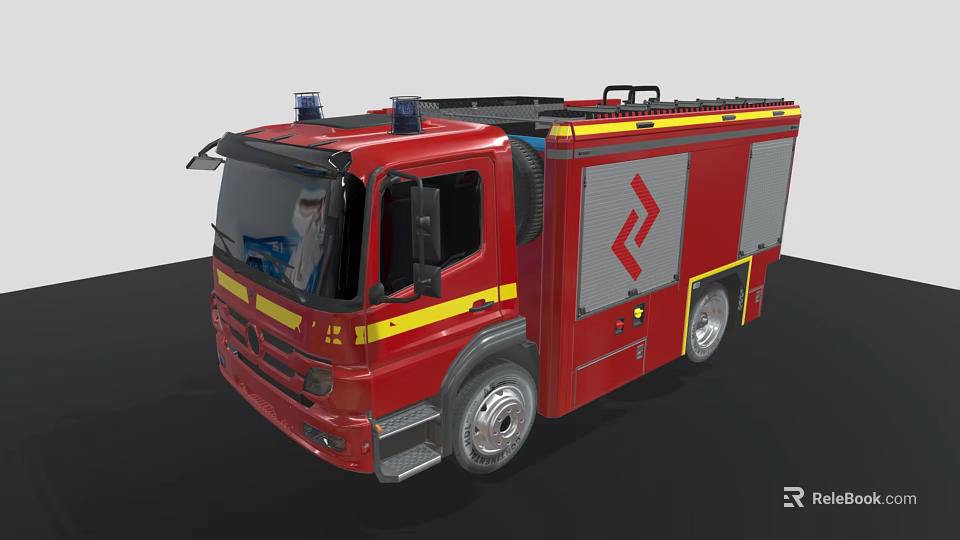 Red Fire Truck Featuring Blue Emergency Lights Yellow Stripes Silver Side Panels and Logo 3d model 