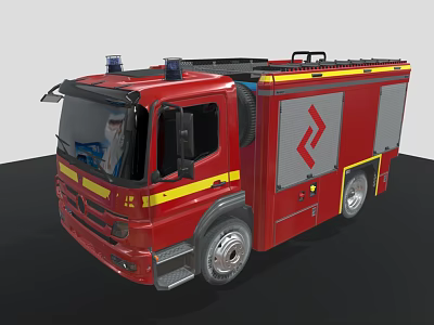 Red Fire Truck Featuring Blue Emergency Lights Yellow Stripes Silver Side Panels and Logo 3d model