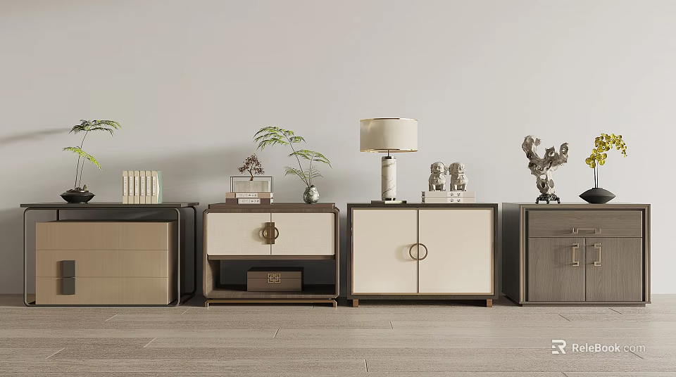 Modern Bedside Tables Design With Beige White Wooden Frames Table Lamp Books Decorative Figurines Plants 3d model 