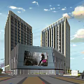 Modern Twin Tower Hotel Building With Glass Curtain Wall And Commercial Base