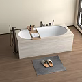 Modern Freestanding Bathtub With Wooden Floor Window View And Bath Products On Platform