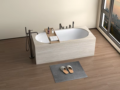Modern Freestanding Bathtub With Wooden Floor Window View And Bath Products On Platform 3d model
