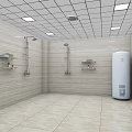 Public Restroom With Tiled Walls Shower Heads Shelves And Water Heater
