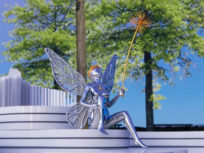 Silver Fairy Sculpture With Wings Holding Golden Wand Sitting On Outdoor Steps With Trees 3d model