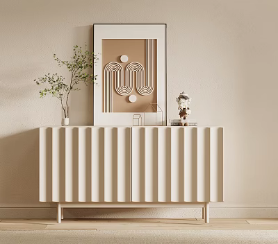 Beige Vertical Striped Entryway Cabinet Sideboard With Green Plant Decorative Items And Wall Art 3d model