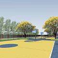 Outdoor Basketball Court with Multiple Hoops Colorful Yellow Blue Surface Surrounded by Trees Fenced Area