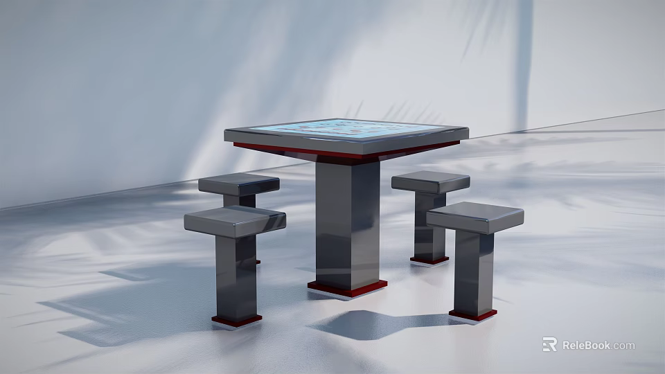 Modern Table And Chair Set Square Smooth Top Four Matching Stools Dark Frame Red Base 3d model