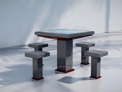 Modern Table And Chair Set Square Smooth Top Four Matching Stools Dark Frame Red Base 3d model