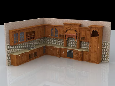 Traditional Wooden Kitchen Cabinets With Tiled Backsplash And Countertop 3d model