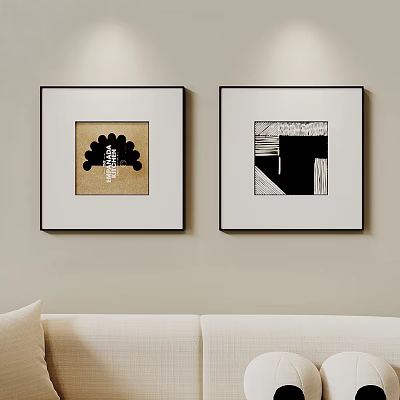 Two Framed Modern Art Pieces Decorate Beige Wall Above Sofa 3d model