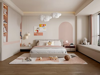 Kids Room Interior Design With Cloud Pendant Lights Bed Arched Wall Bookshelves And Stuffed Toys 3d model