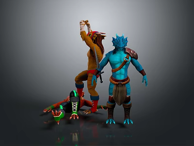 Orange Beast Warrior Standing Tall With Blue Horned Creature And Green Fallen Figure 3d model