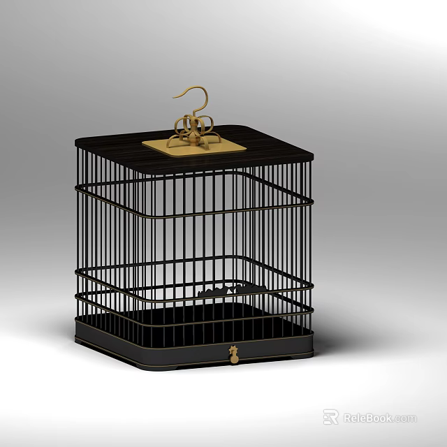 Elegant Black Birdcage Decorative Ornament Set With Golden Top Accent 3d model 
