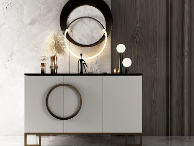 Modern White Console Table Side Cabinet With Circular Mirror Decorative Items And Metal Frame 3d model